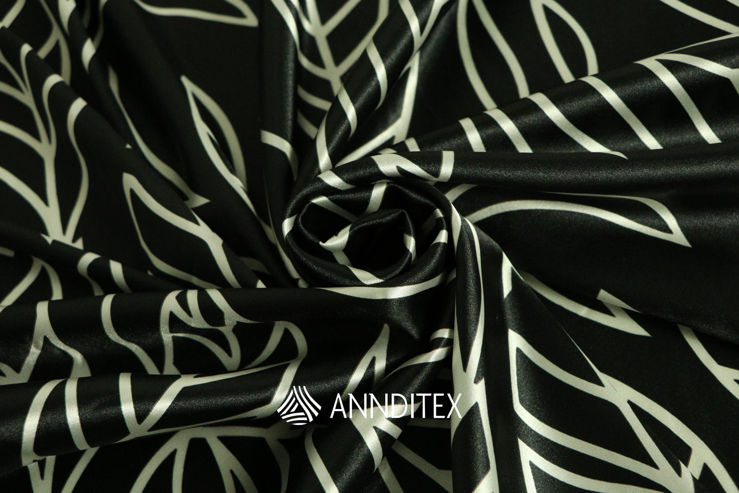 Satín Moda Estampada Hojas Lineales Negro