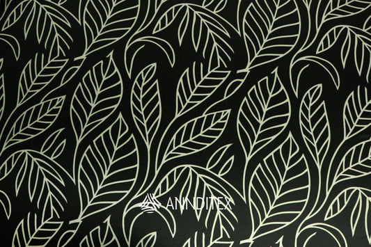 Satín Moda Estampada Hojas Lineales Negro